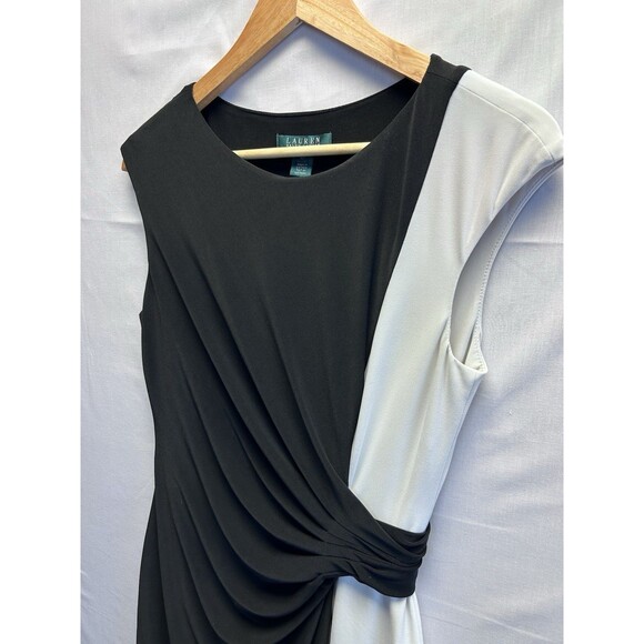 LRL Ruched Sleeveless Sheath Dress Black White Cruella Faux Wrap  Women’s 10P - Picture 3 of 8